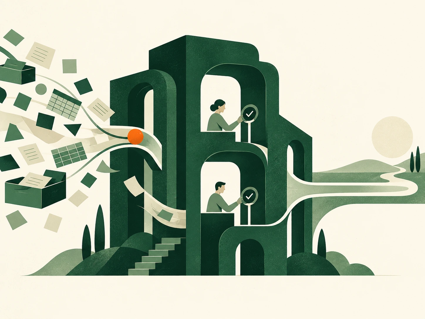 An editorial landscape of manual work becoming one controlled system.